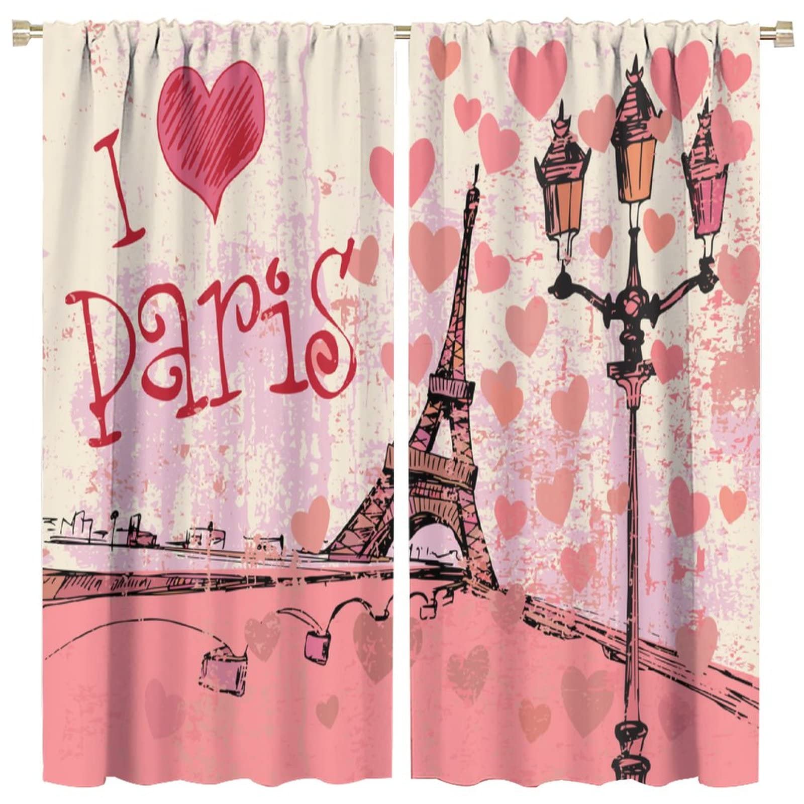 JESTRONRY Eiffel Tower Paris Window Curtains,City Pink Romance Graffiti Style Room Darkening Door Window Rod Pocket Curtain for Living Room Bedroom Kitchen Bathroom,2 Panel Set W63xL63in