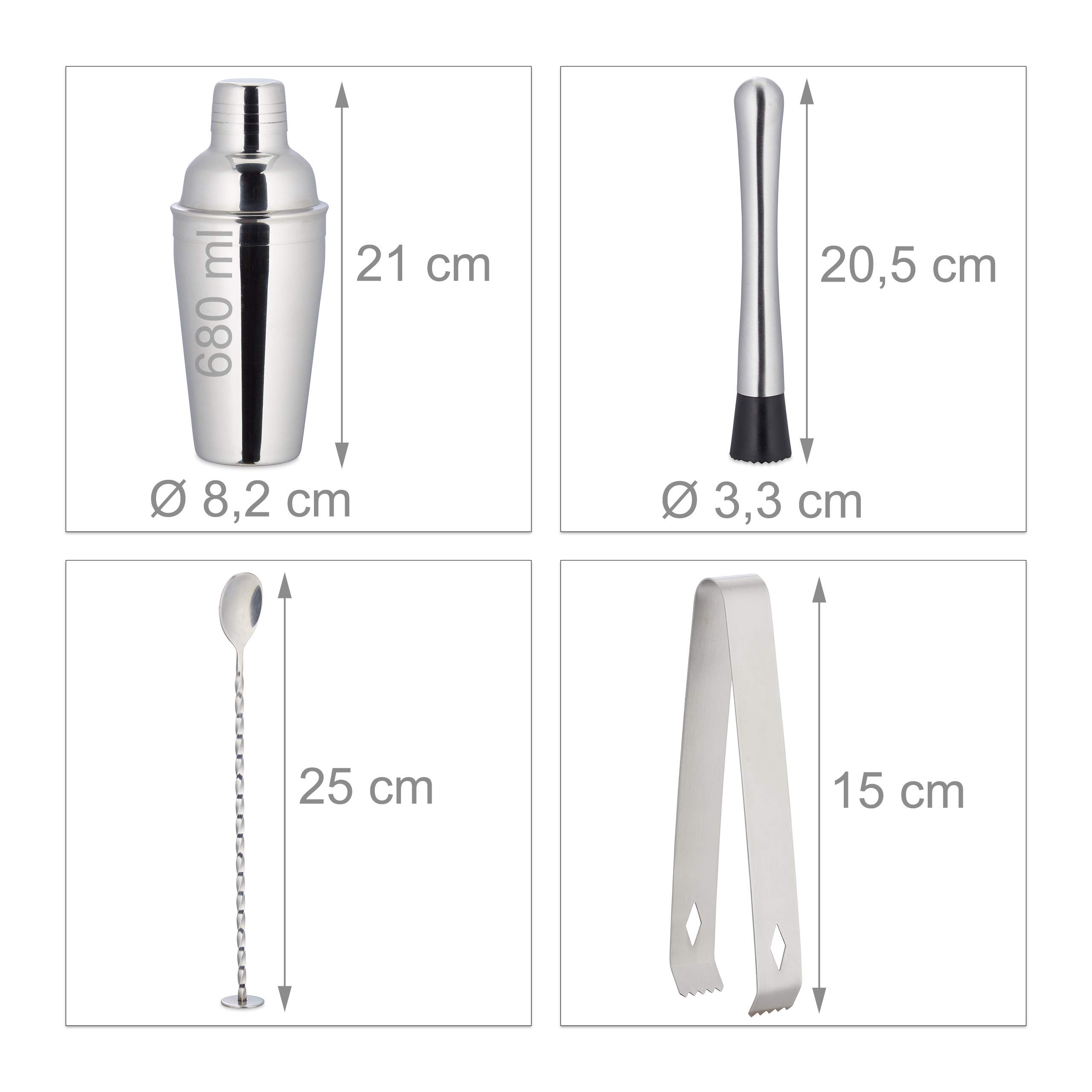 Relaxdays Set da Cocktail, 11 Accessori per Barman, Kit con Supporto, Shaker, Misurino, Pinza Ghiaccio, Argento Naturale