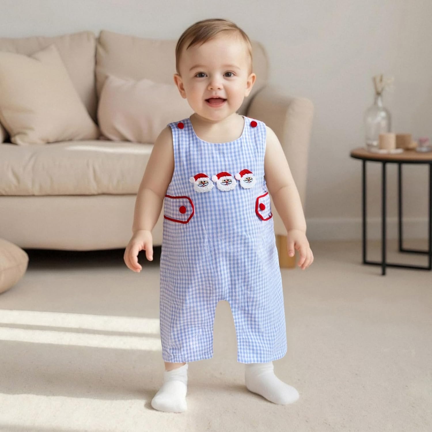 Infant Boy Santa Jumpsuit Newborn Baby Christmas Outfit Embroidery Sleeveless Gingham Romper Winter Clothes - Image 2