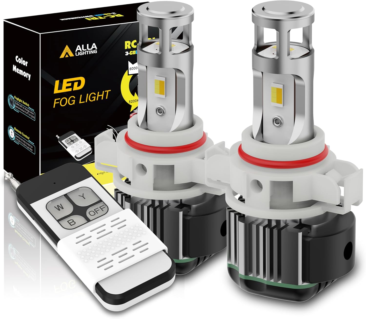 Alla Lighting PS19W 5201 5202 LED Switchback Fog Lights, DRL Bulbs w/Remote Control, 6K White/3K Yellow/8K Blue 3-Color Easy Switch PS24WFF 12085, Xtreme Super Bright