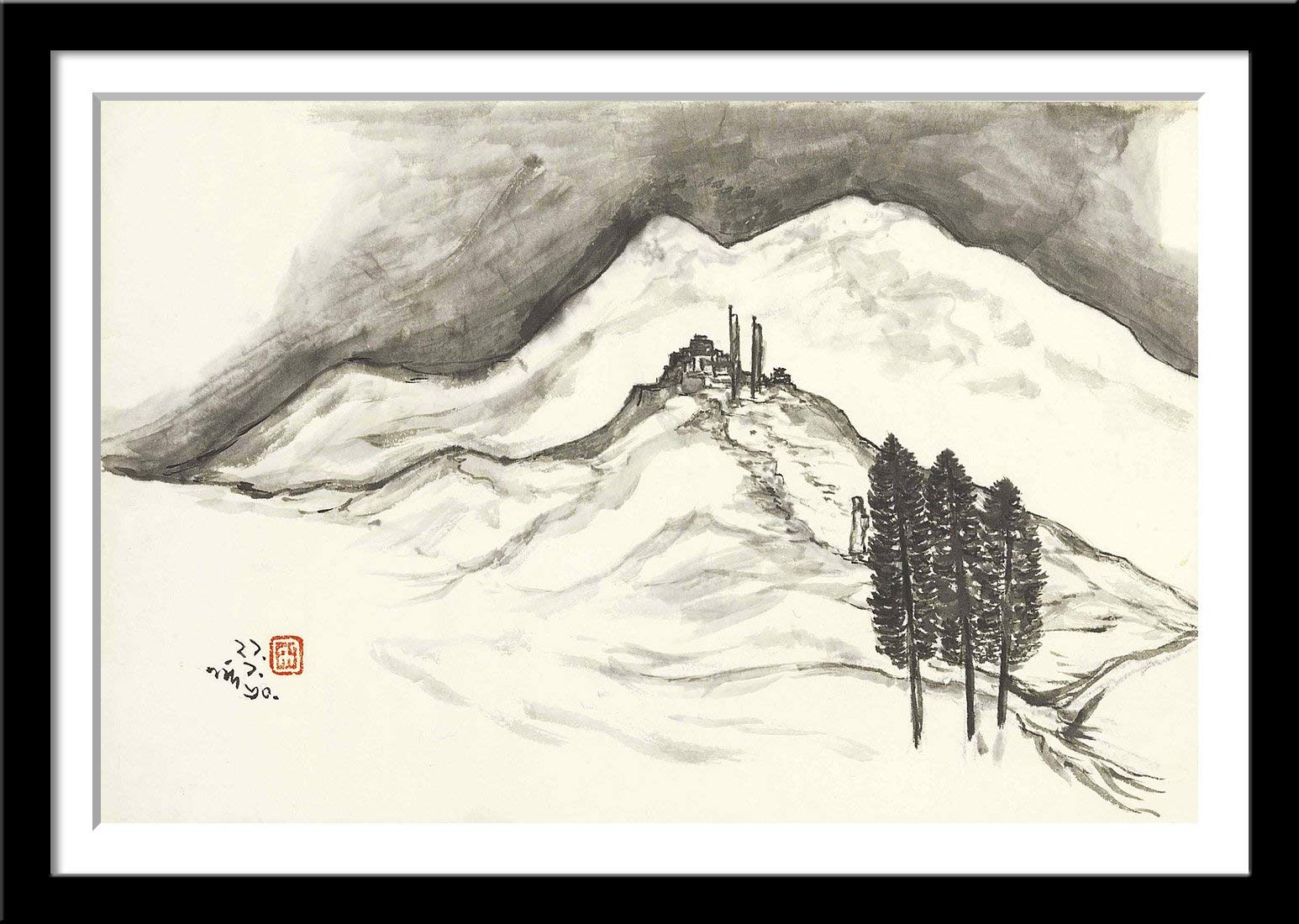 Tallenge - Nandalal Bose - Bengal School Indian Painting -Temple On Hill Top - Medium Digital Print With Mat and Glass (16 x 24 inches) - Multi Colour