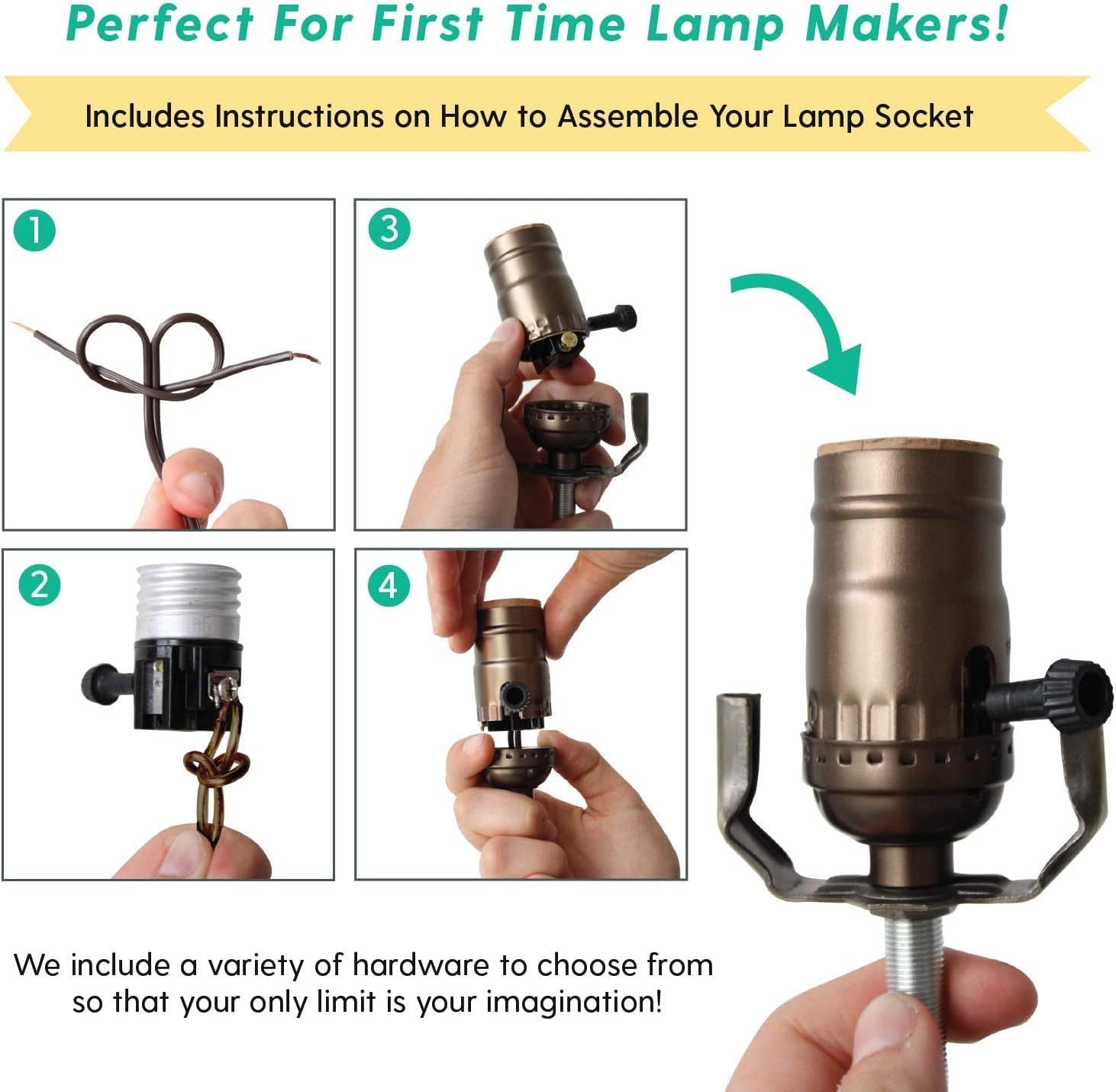 DIY Lamp Wiring Kit, Antique Brass 3-Way Socket & 8FT Brown Cord (2 Pack), for Making & Fixing Table or Floor Lamps, Repair & Rewire Vintage Lighting Fixtures, Complete Hardware Set