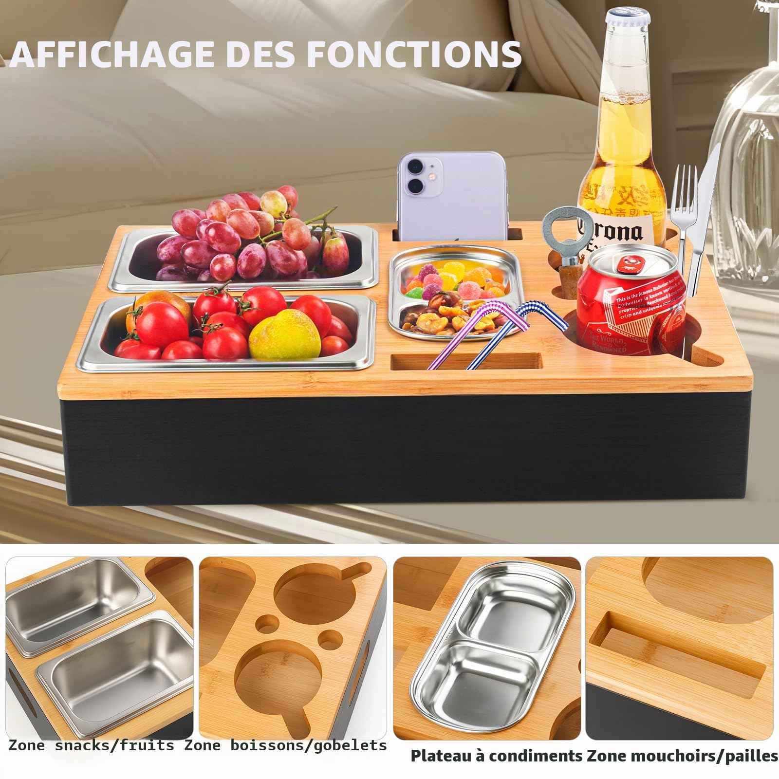 Boîte à goûter pour canapé, Cadeau d'anniversaire pour Homme, Distributeur de collation avec Bol à collation, Porte-Bouteille, Organisateur de collation, Couvercle Amovible pour canapé