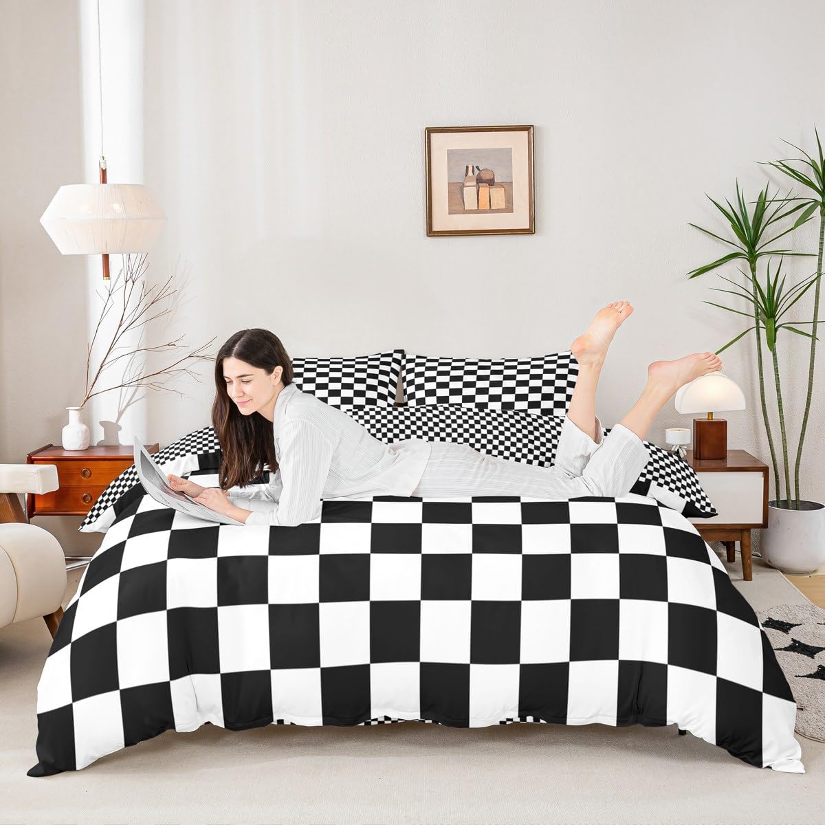 Black and White Plaid Duvet Cover Set Queen Size, Reversible Geometric Grid Bedding Quilt Cover for Boys Teens Adults Room Decor, Soft Lattice Checkerd Comforter Cover with 2 Pillowcases, No Filler