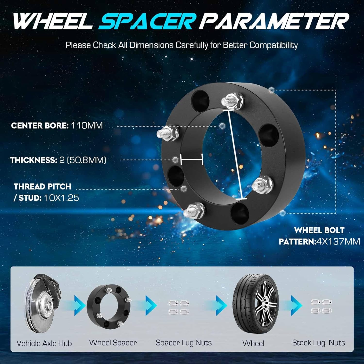 ILONPA 4x137mm 2 inch(50.8mm) ATV Wheel Spacers 110mm Bore for Kawasaki & Can-Am & Bombardier & Suzuki, 10x1.25 Studs 4 Lugs Wheel Adapters, Set of 4