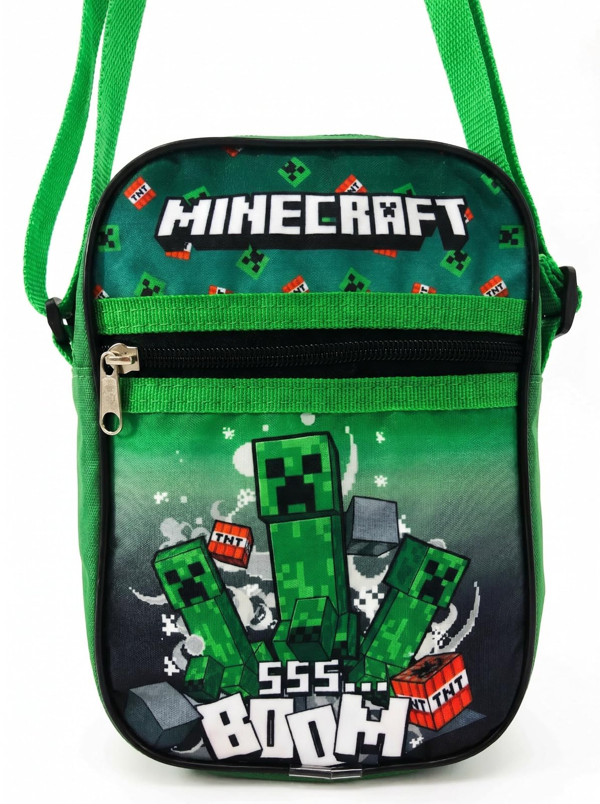 Aymax Minecraft Creeper Kinder Umhängetasche Schultertasche Grün, 21x16x5 cm, Tasche aus 100% Polyester mit Reißverschluss, Freizeittasche für Jungen