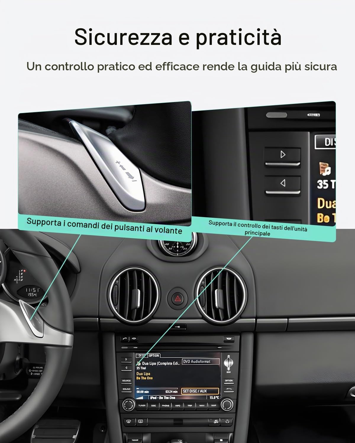 Adattatore Bluetooth per auto con cavo Y per iPod per sistema Porsche PCM3.0 – Adattatore Bluetooth per musica in auto, compatibile con aptX™ per streaming audio stabile e a bassa latenza