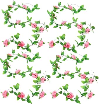 Zhiheng 4 Pack 7.8ft Artificial Rose Vines with Green Leaves Fake Flowers Plants Hanging Garden Vine Garland for Wedding Home Party Decor Rustic Craft Supplies Pink