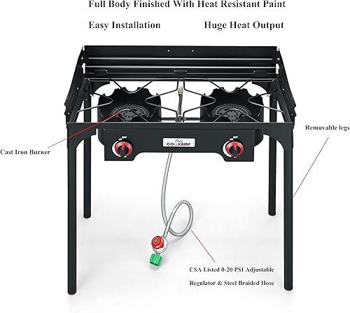 Miniatura 3 de Quemador de propano doble de alta presión con parabrisas Estufa de camping al aire libre con regulador ajustable de 0-20 PSI y manguera trenzada de