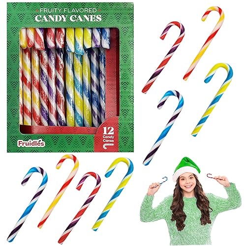 Fruidles Bastones de caramelo de Navidad, sabor afrutado multicolor arcoíris, envueltos individualmente (paquete de 12)