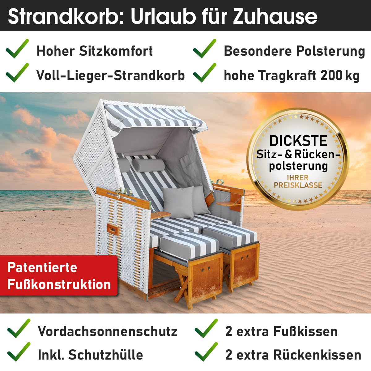 BRAST® Strandkorb Norderney Deluxe für 2 Personen | 120cm breit | 4 Designs | inkl. wetterfeste Abdeckhaube | verstellbare Rückenlehne Fußkissen | Grau/Weiß - gestreift
