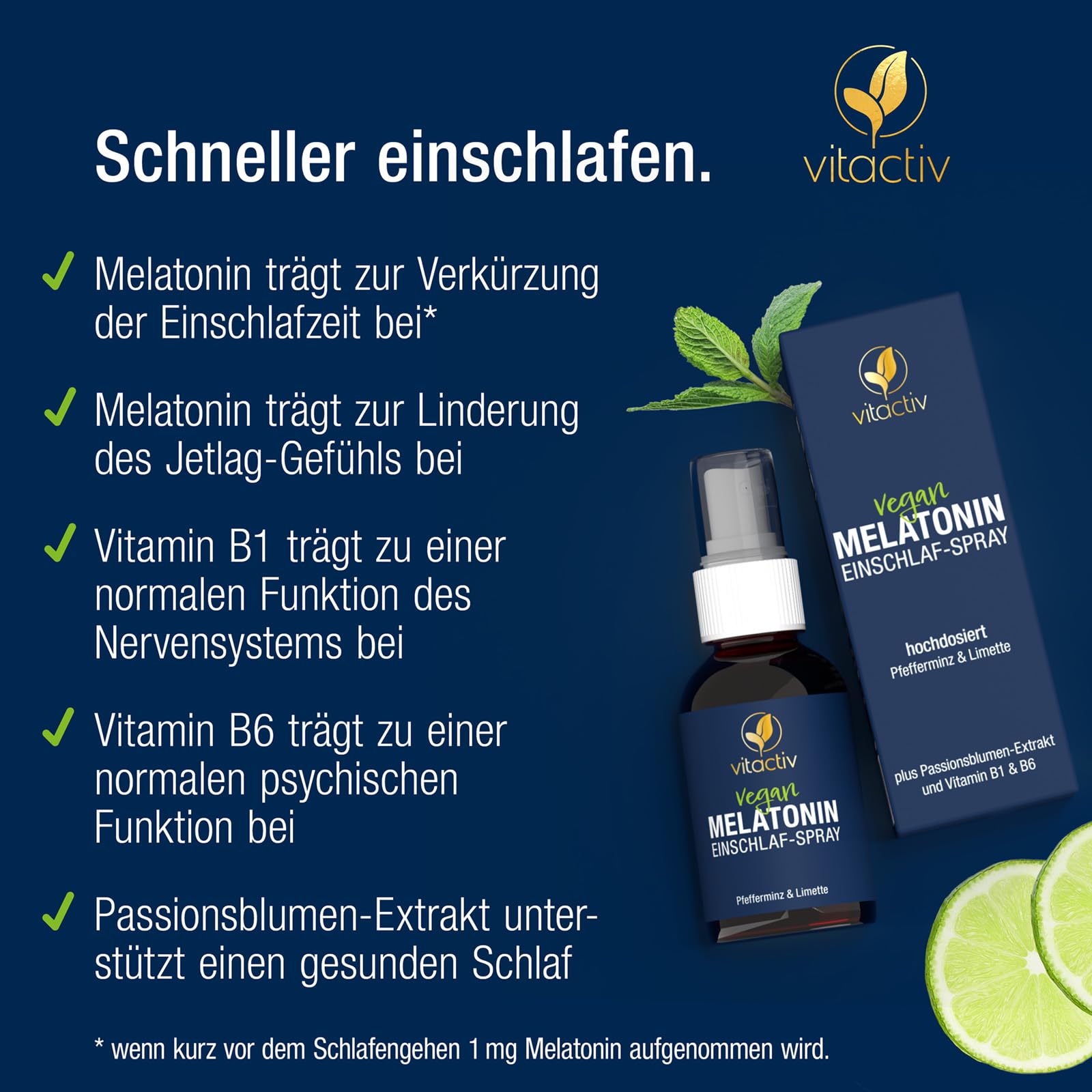 VITACTIV Melatonin Einschlafspray Pfefferminze & Limette 1925 Tage Vorrat Hochdosiert 250ml Sofort-Spray