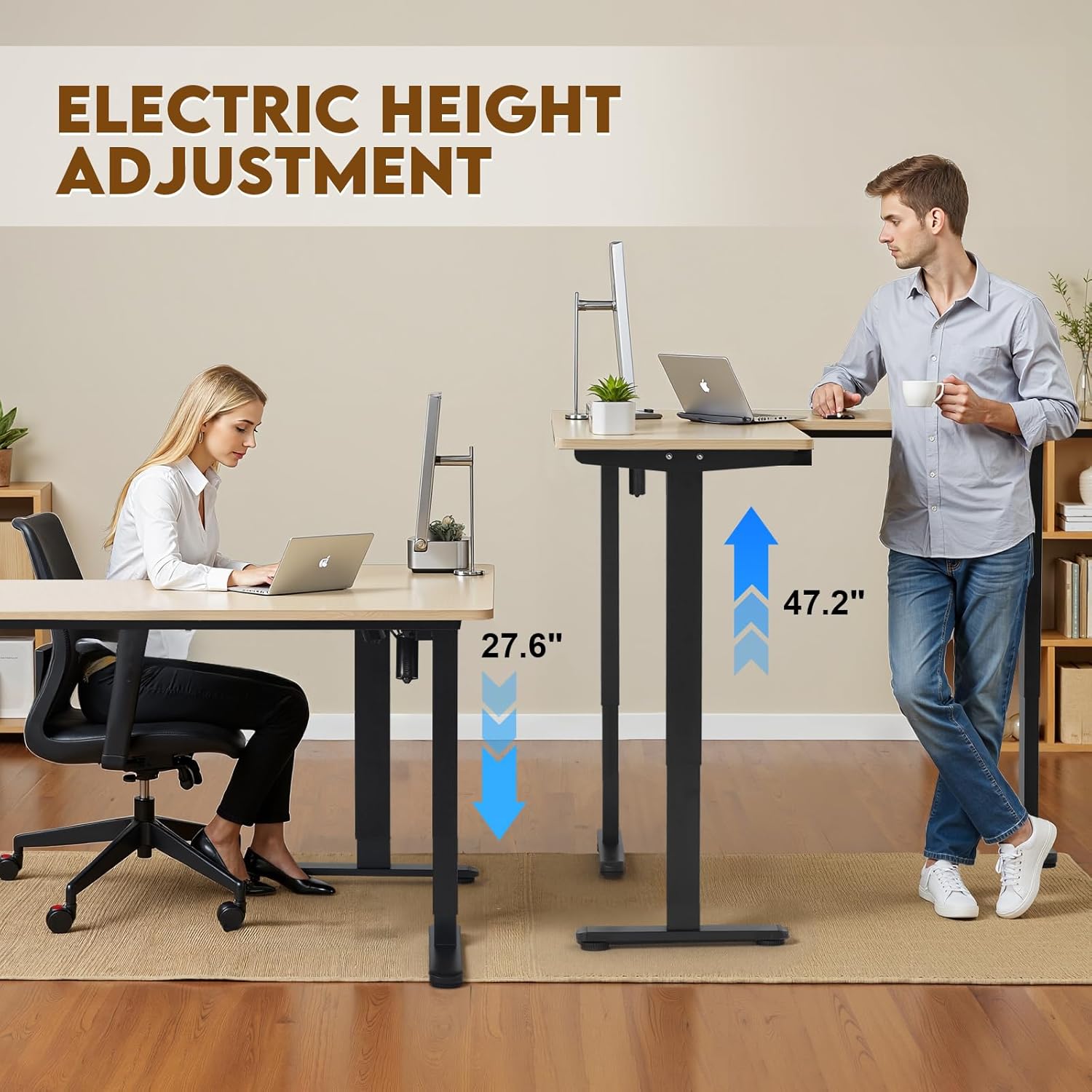 Diagram illustrating the height adjustment range of the TOPSKY electric desk frame from 27.6 inches to 47.2 inches.