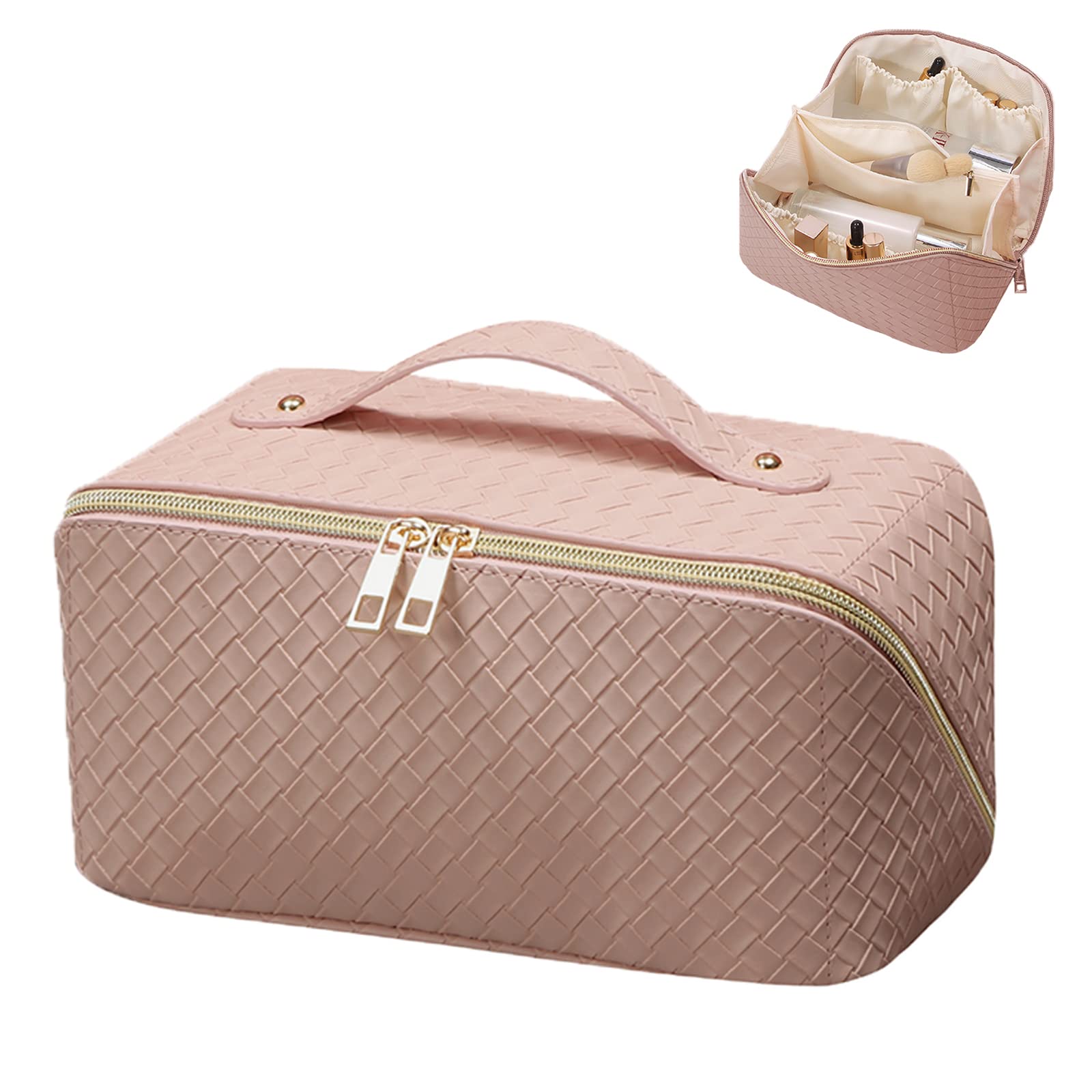Travel Makeup Bag Cosmetic Bag with Compartments Large Capacity Lay Flat Makeup Bag PU Leather Portable Makeup Bag Suit for Women Girl Makeup Pink Checkered Pattern Makeup Bag