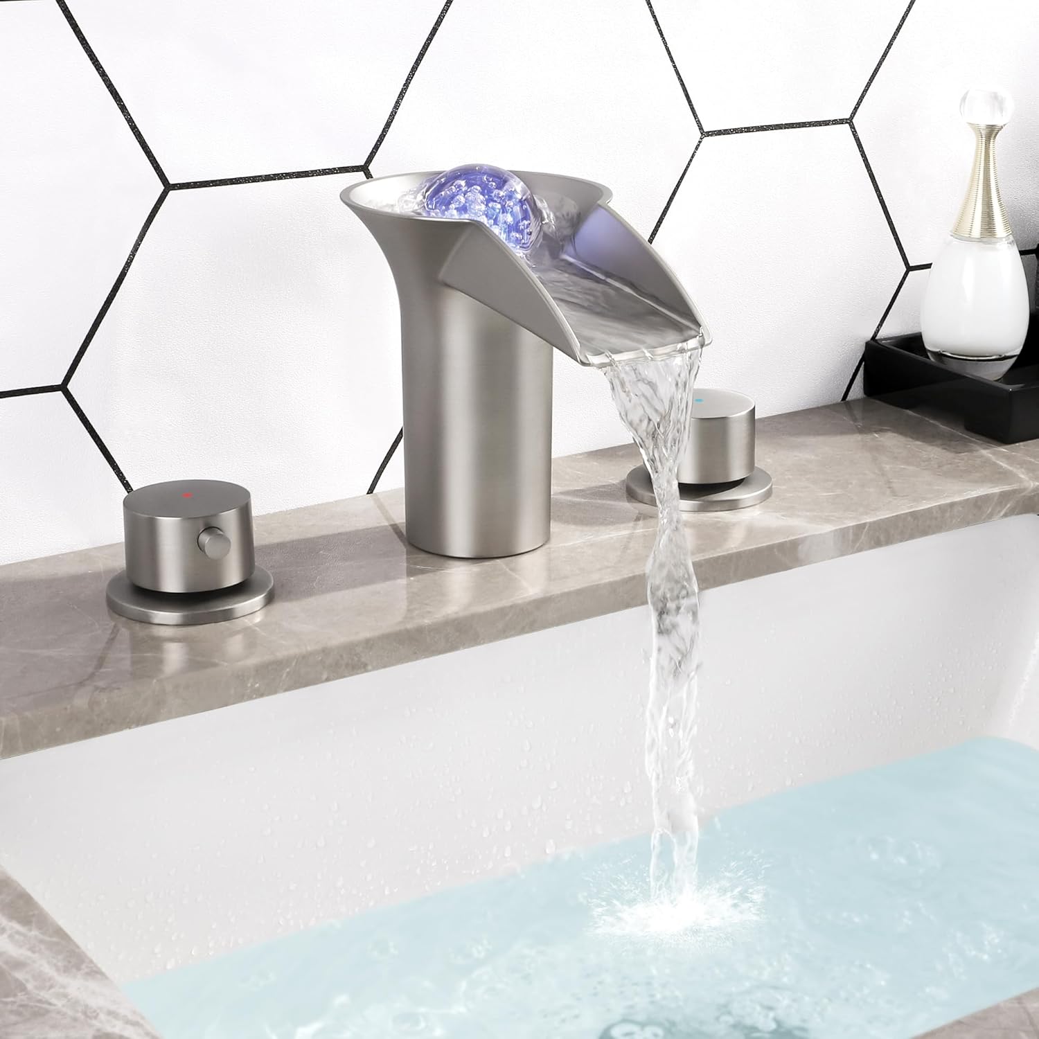 Waterfall Bathroom Faucet 3 Hole Bathroom Sink Faucet with Pop Up Drain, Brushed Nickel