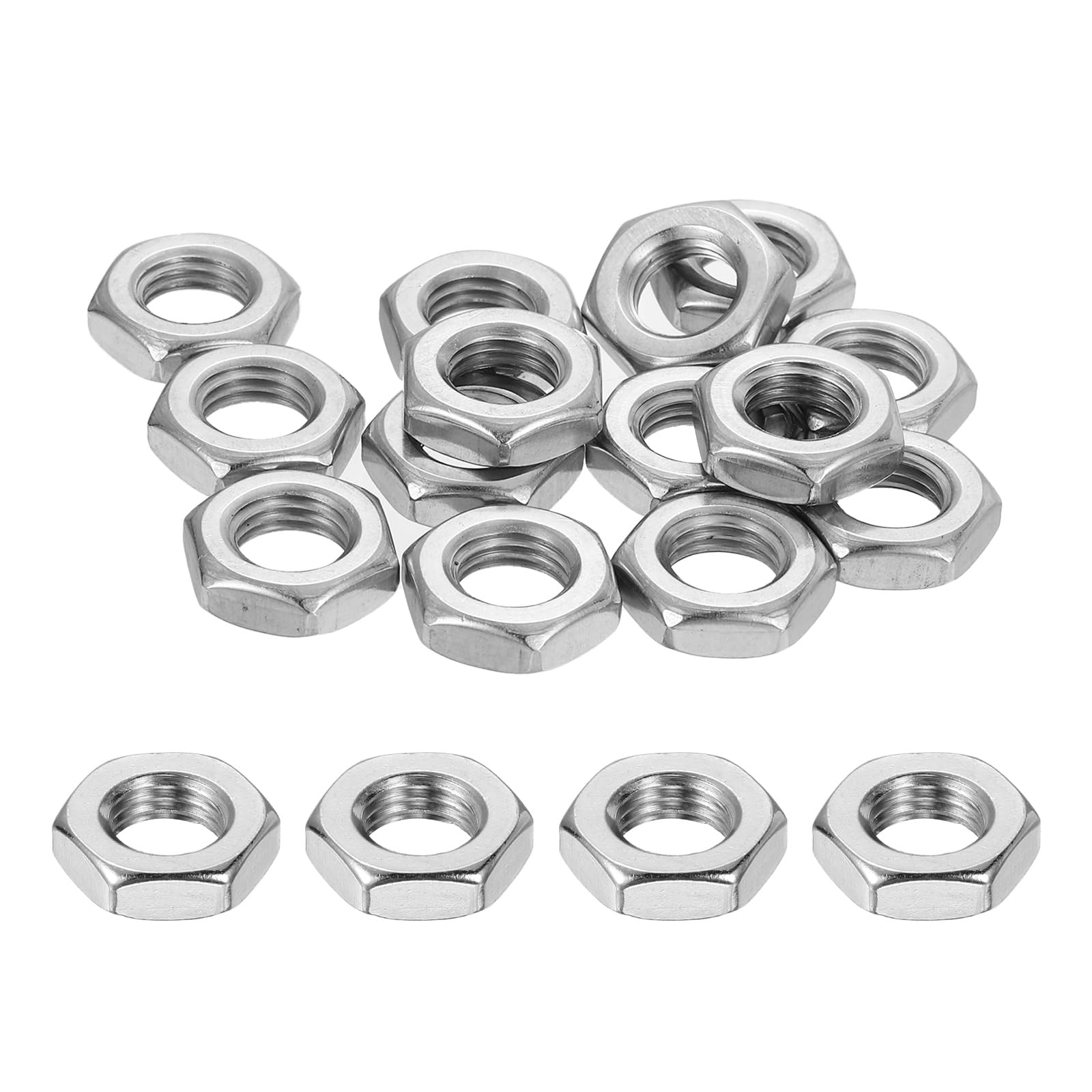 sourcing map M10x1.25mm Hex Nuts, 24Pcs 304 Stainless Steel Metric Fine Thread Hexagon Lock Nuts Fasteners for Machinery Automotive Industrial Use, 16mm / 0.63" Width 5mm / 0.2" Height