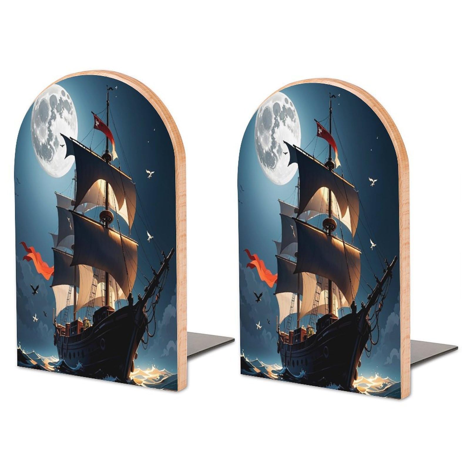 Sujetalibros de madera barco pirata y luna llena con acabados de metal premium antideslizante