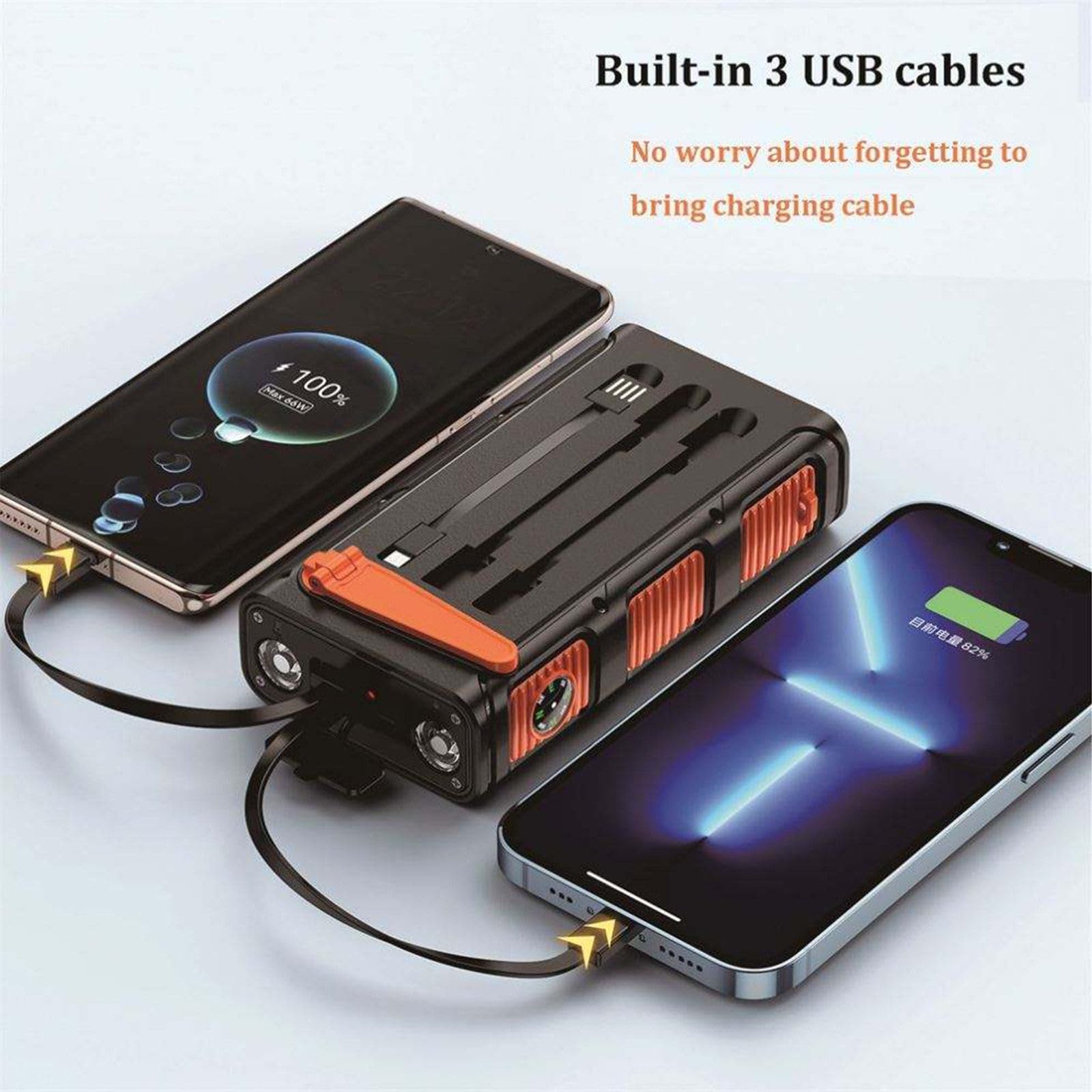 RIDAEX Batterie Externe Solaire alimentée à la Main, 30000Mah, Filaire, pour Camping en Plein air, Pd20W, Charge Rapide, livrée avec Trois câbles de Charge,Blue-10000mAh