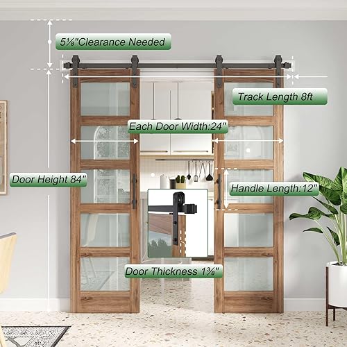 Miniatura 9 de FREDBECK Puertas de granero de vidrio dobles de 24 x 84 pulgadas, puerta de granero de 48 pulgadas con kit de herramientas de 8 pies y mango