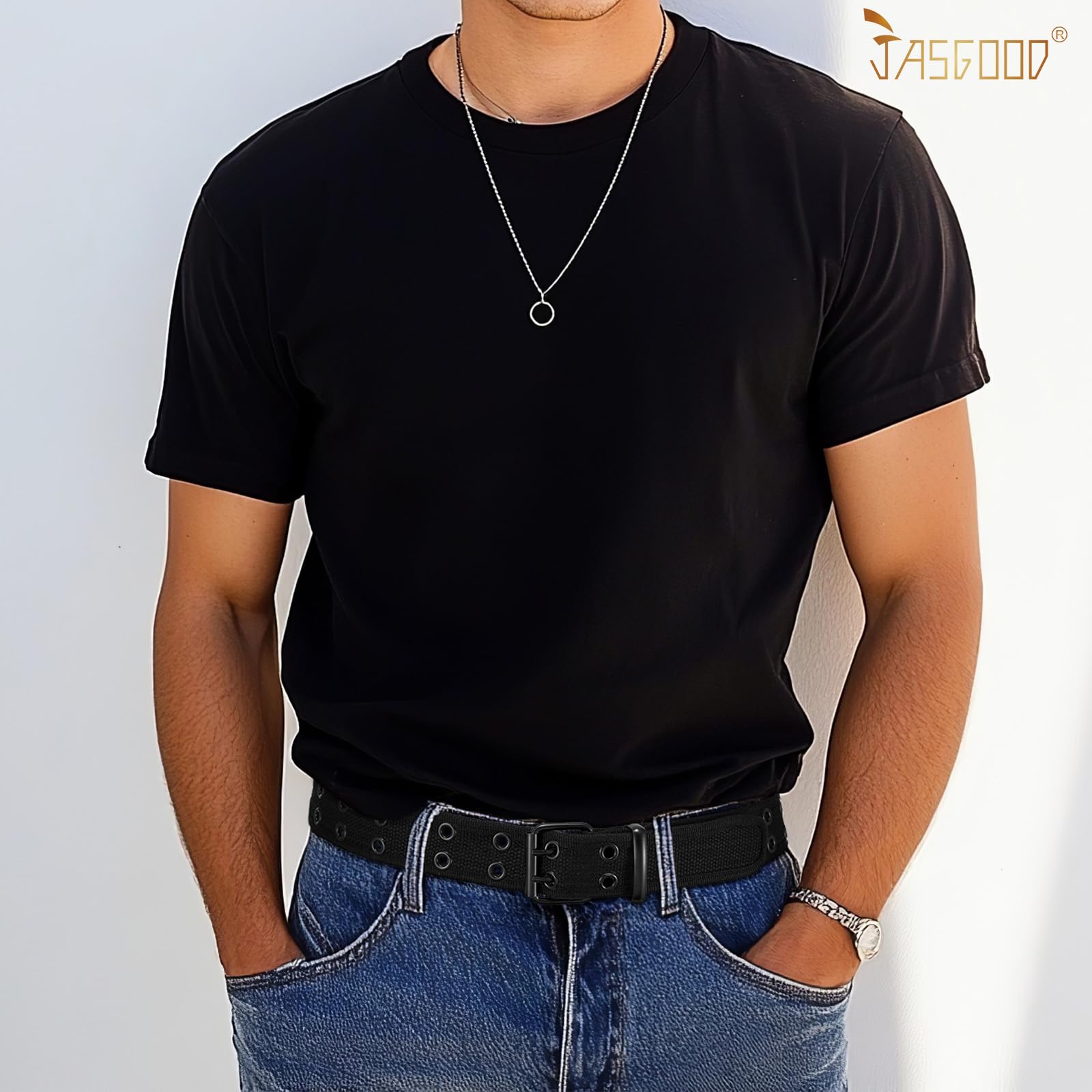 JASGOOD Ceinture Homme Tissu en Toile Double Oeillet Réglable Ceinture Punk Unisexe Style Double Boucle pour Jeans Pantalon