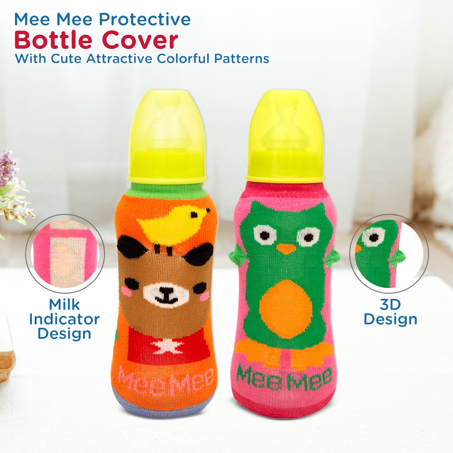 Mee Mee Soft Plush Stretchable Baby Feeding Bottle Cover with Cute Animated Overall Print (Pk-2) Multicolour - Image 2 thumbnail