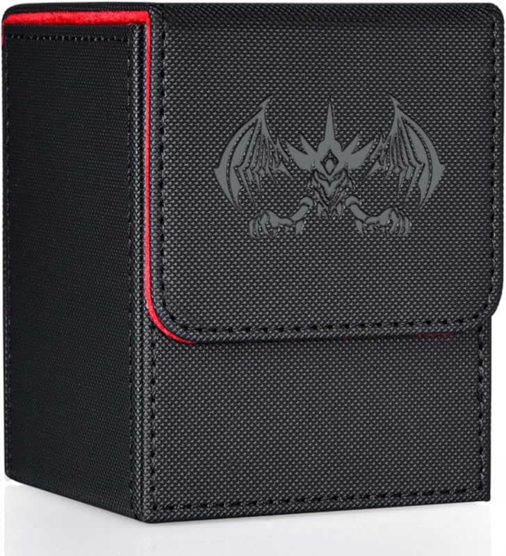 Card Deck Box for Yugioh MTG (Black & Red, Extinction Dragon) | 100+ Deck Case with 2 Dividers, Fits TCG CCG PTCG, PU Leather Strong Magnet, Compatible with Magic Commander Trading Cards
