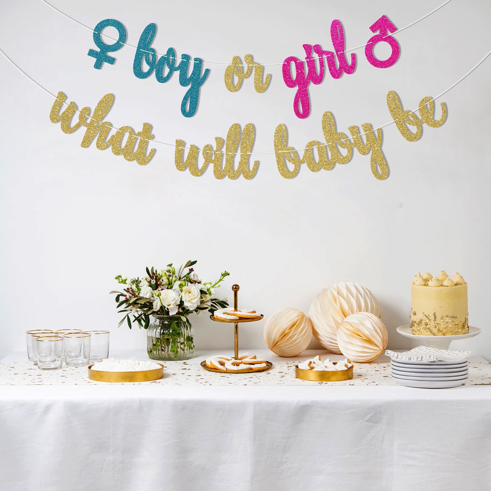Boy Or Girl Glitter Banner - 4 Feet Wide Gold Glitter Cardstock Banner For Gender Reveal, Baby Shower, Birthday Party