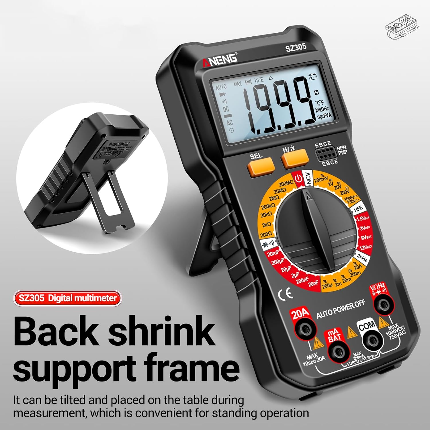 Irfora SZ305 Digital Multimeter with its back support frame extended