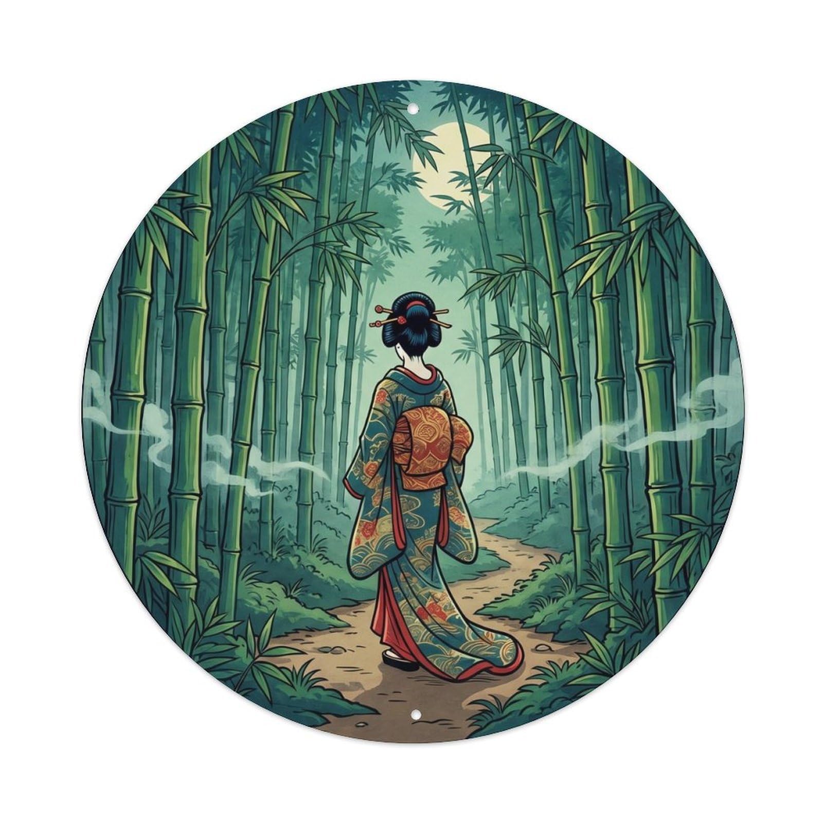 Tgrcjimh Style Metal Tin Sign Japanese Dense Bamboo Forest Geisha Walking