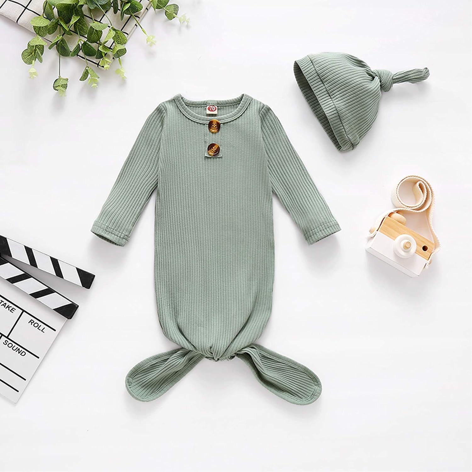 Baby Knotted Sleeper Gown Unisex Boys Girls Sleepsuits with Mitten Cuffs and Matching Hat Baby Coming Home Outfit