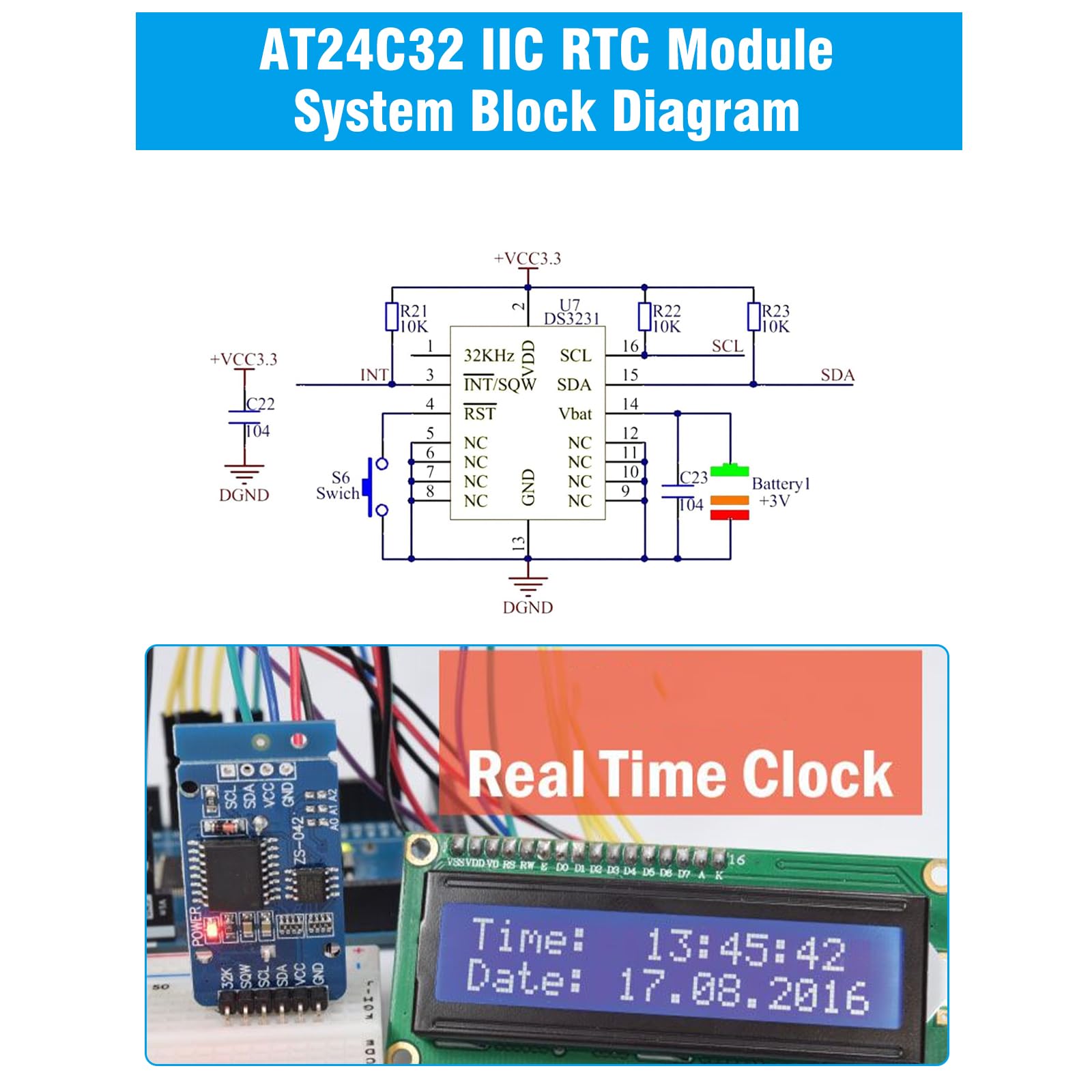 Modulo orologio ad alta precisione AT24C32 RUIZHI 2 Pezzi Real Time Clock RTC AT24C32 IIC Module Precision Clock Module con Batteria compatibile con Arduino