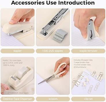 SKYDUE Office Supplies Set, Stapler and Tape Dispenser Set,10PCS | Desk Accessories Kit with Stapler, Tape Dispenser, Scissors, Clips & Staple Remover, for Home Office, School