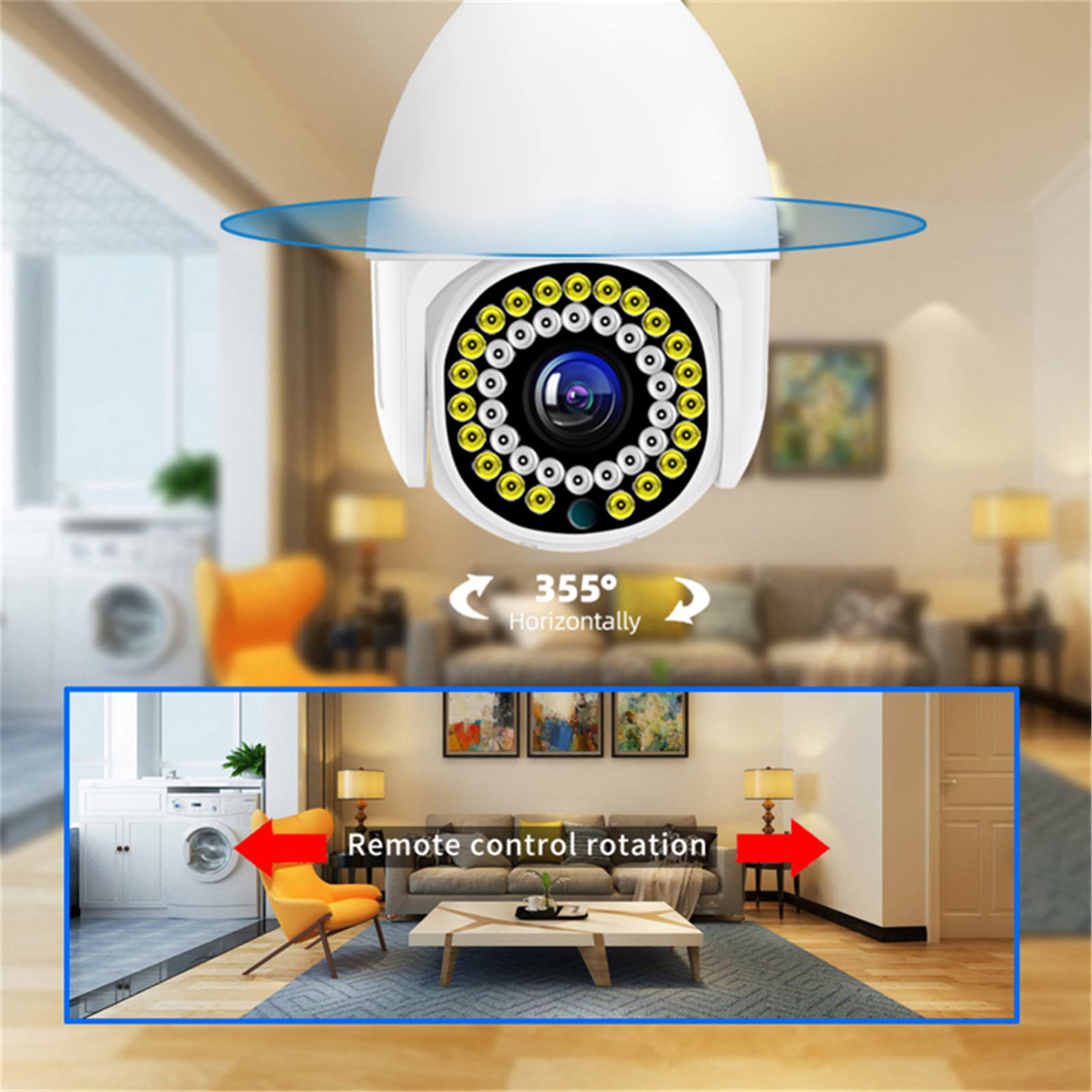 JJCC Cámara de seguridad con bombilla inteligente, 1080P WiFi PTZ cámara luz LED E27 bombilla Socket Power Color visión nocturna IP vigilancia auto seguimiento para uso en interiores y exteriores