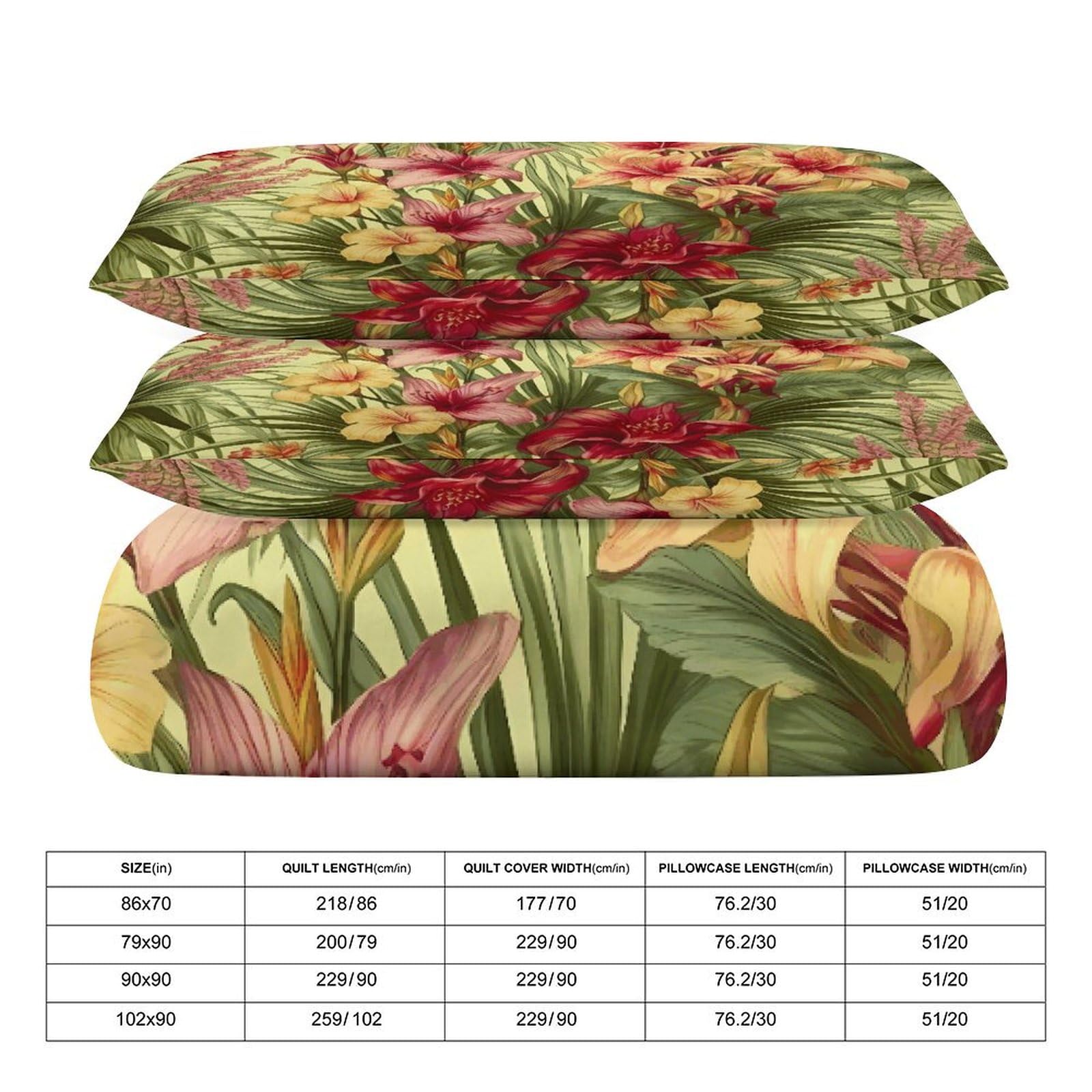 Set di biancheria da letto 3 pezzi, ultra morbido, con motivo floreale di palme tropicali + 2 federe, leggero copripiumino double-face per casa/hotel/regali, 228,6 x 228,6 cm