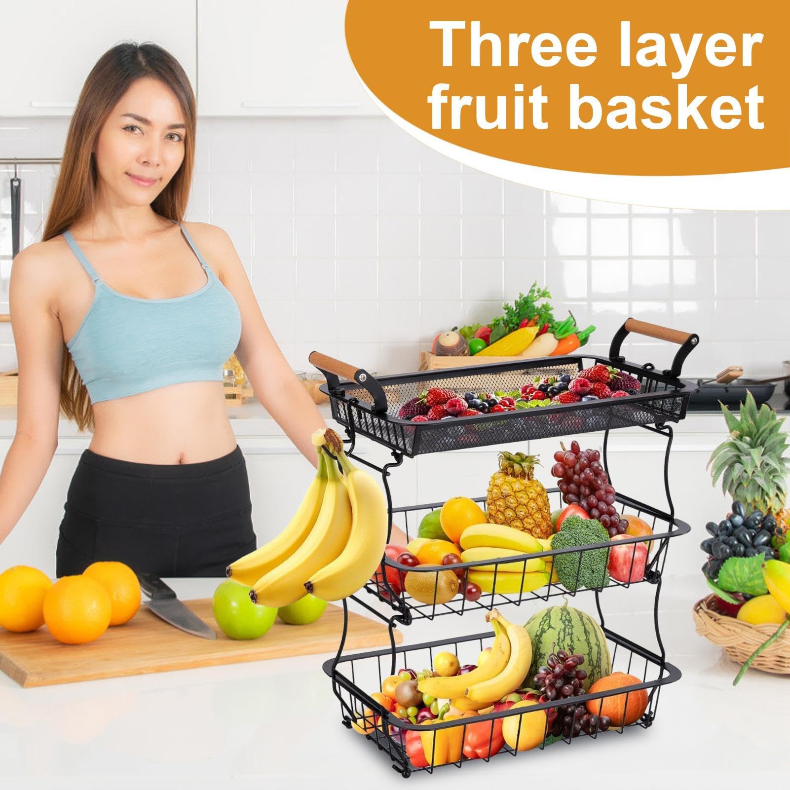 Organizador De 3 Niveles Para Frutas Y Verduras De Cocina | Cuenco De Alambre Metalico Con Ganchos Para Plátanos Para Organizacion Y Almacenamiento De Accesorios De