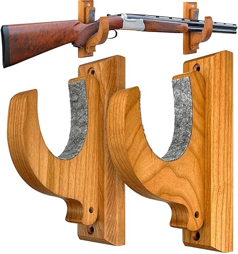 Soporte de pared para pistola, madera maciza de cerezo FAS - Pantalla horizontal, ganchos de escopeta, colgador de madera dura real para rifles,
