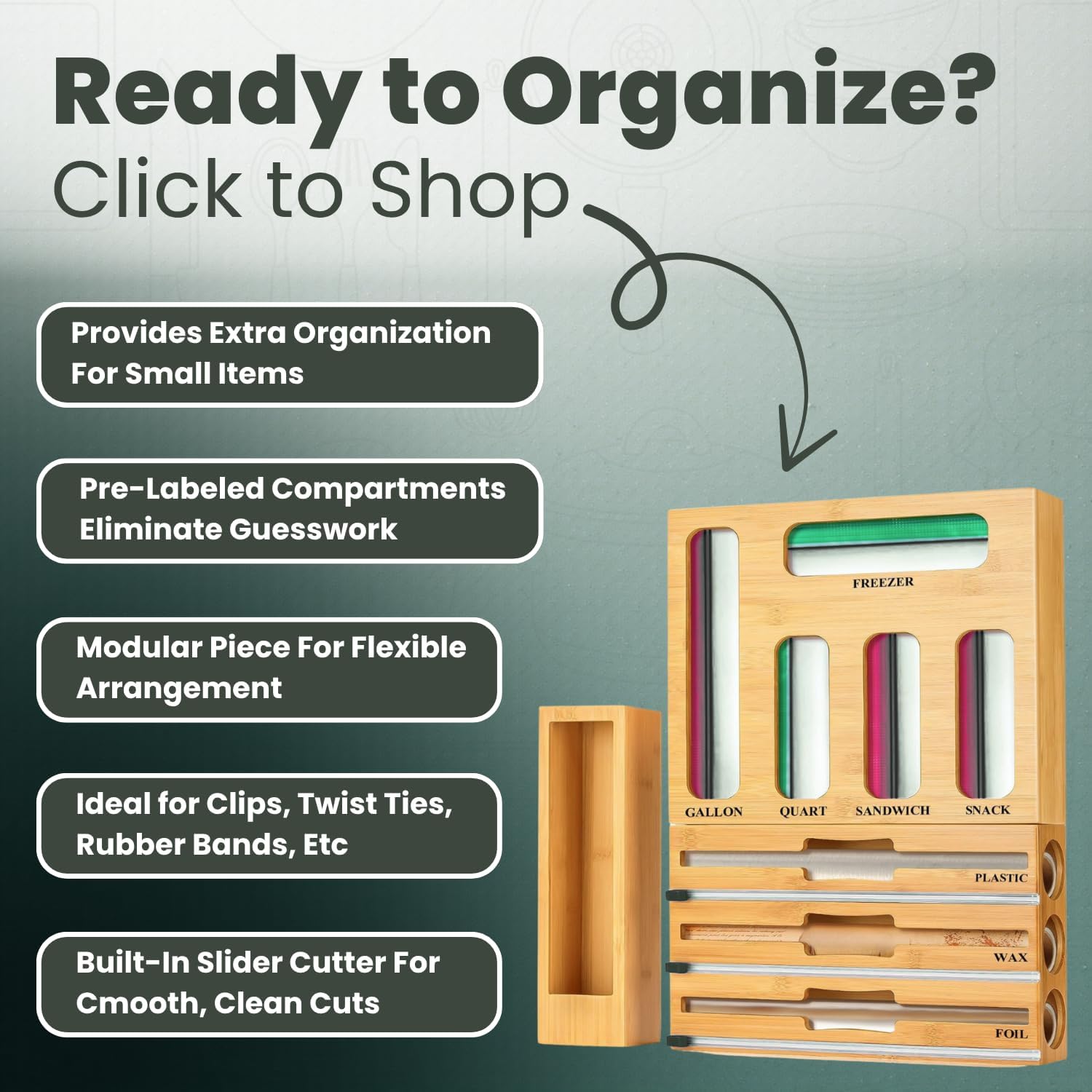 9 IN 1 Storage Bag Organizer for Kitchen Drawer, Bamboo Foil and Plastic Wrap with Cutter, Ziplock Bag Organizer for Gallon, Quart, Sandwich & Snack Bags - Aluminum Foil Organizer