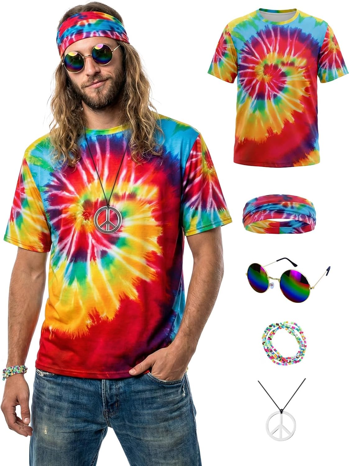 70s Outfits for Men Hippie Costume for Men Tie Dye T-shirt Fringe Vest Peace Necklace Wig Sunglasses Headband