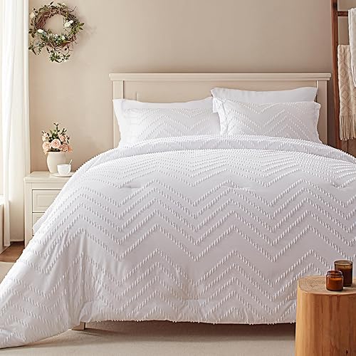 Anluoer Juego de Edredón Queen, Juego de Cama Blanco con Mechones en una Bolsa de 7 Piezas con Edredón, Fundas de Almohada Decorativas y Sábanas,