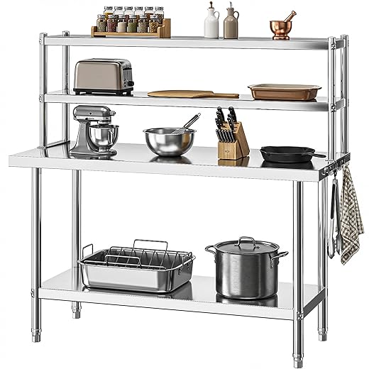 DWVO 48x24in Stainless Steel Table, NSF Metal Prep Worktable with Adjustable Overshelf for Kitchen Restaurant Hotel Garage Warehouse Home
