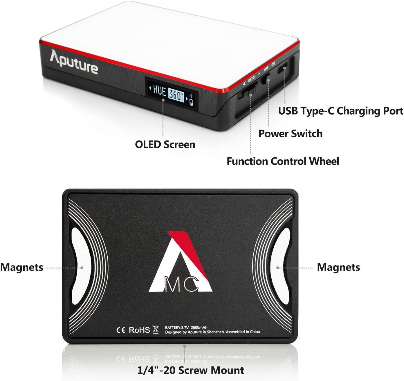 Aputure Amaran MC RGBWW Mini On Camera Video Light,3200K-6500K,CRI/TLCI 96+,HSI Mode,Support Magnetic Attraction and App with USB-C PD and Wireless Charging