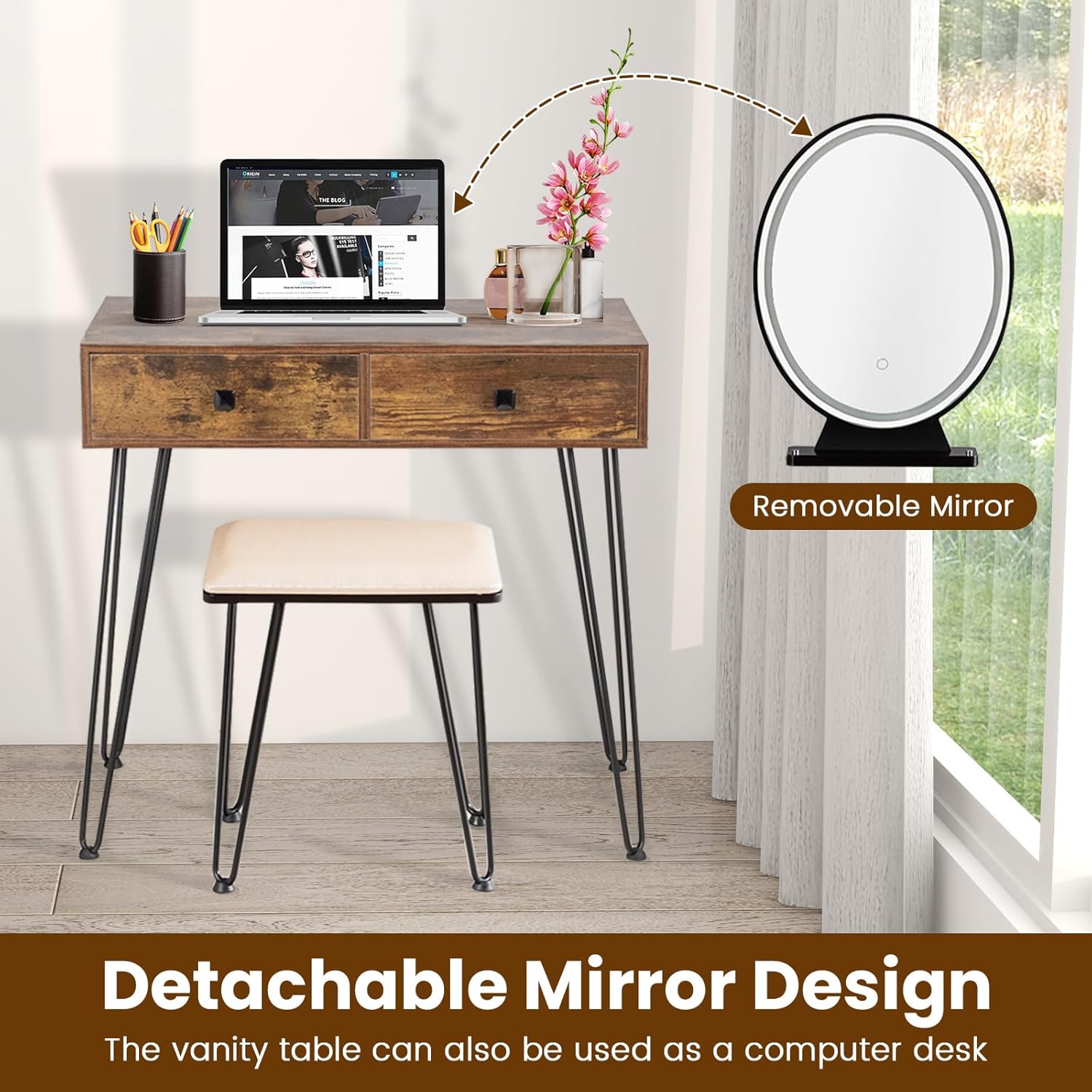 Byroce Vanity Desk with Lighted Mirror, 3 Color Lighting Modes, Adjustable Brightness, 2 Large Drawers & Acrylic Storage Box, Makeup Vanity Table with Cushioned Stool for Bedroom (Rustic Brown)