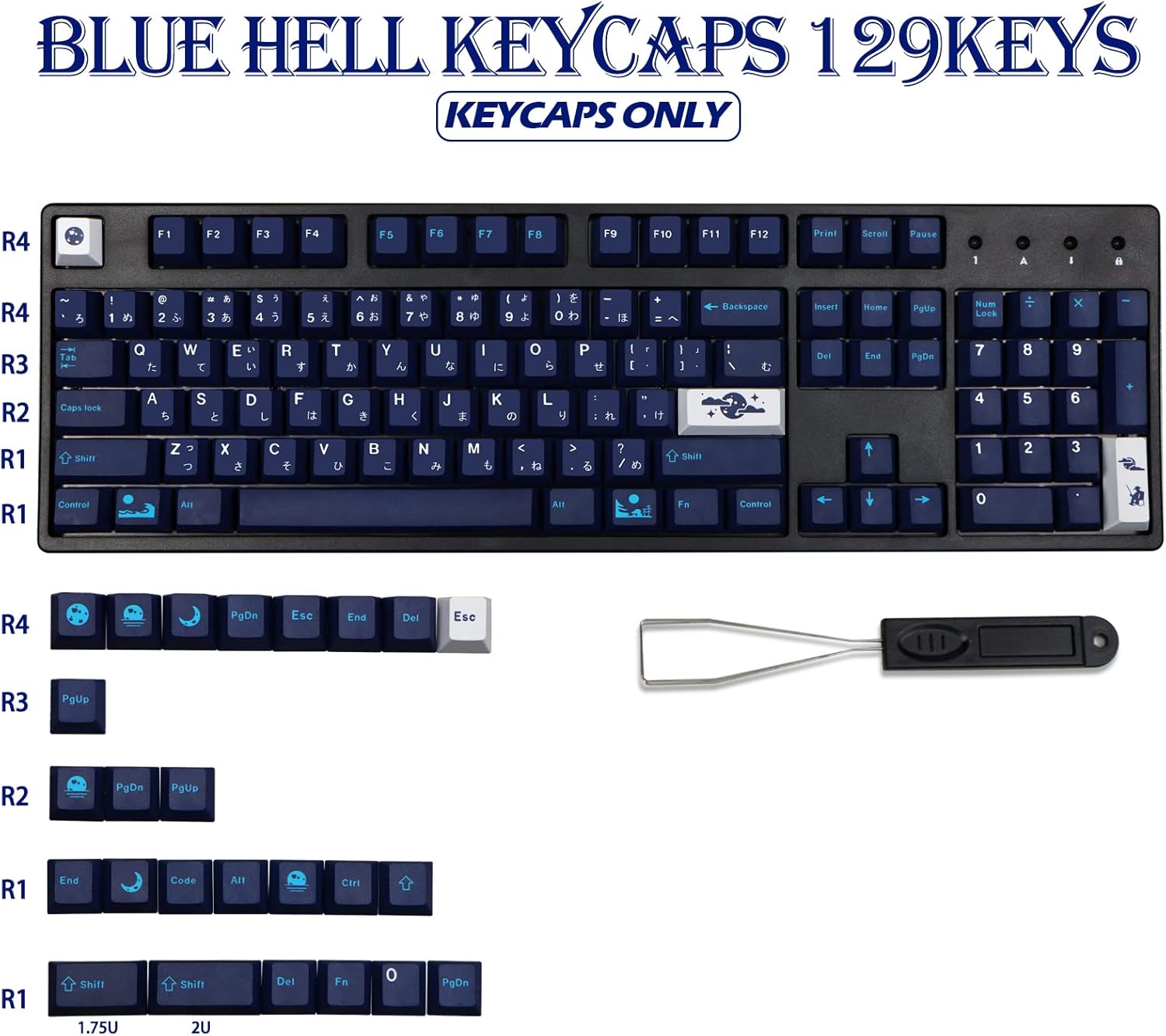 MOLGRIA Blue Hell Keycaps, PBT 129 Set for Gaming Keyboard, Cherry Profile Dye Sublimation Custom Keycaps with Japanese Font for Kailh Cherry MX 104/87/74/61 60 Keyboard ANSI Layout