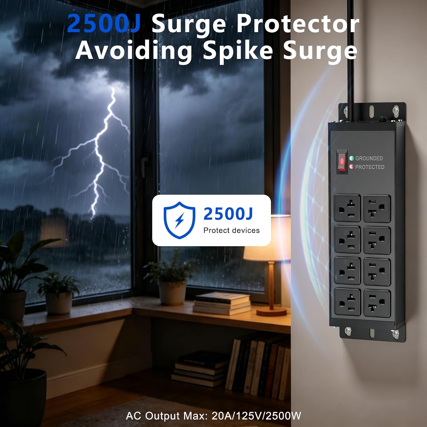 Heavy Duty Surge Protector Power Strip 20 AMP Switch, 2500W 12 Gauge Extension Cord with Multiple Outlets,Wall Mount Power Strip Electric Extender for Industrial,Workshop, Garage,10 FT