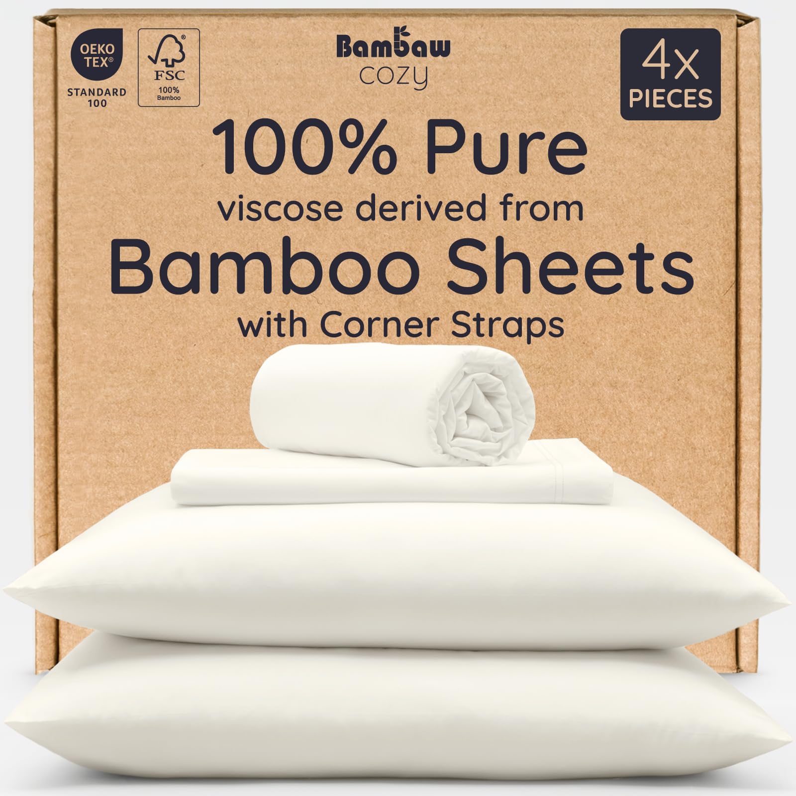 Bambaw 100% Viscose Derived from Bamboo Queen Size Sheet Set - 4pcs Cooling Sheets for Hot Sleepers, Soft Deep Pocket Queen Sheets Fits Up to 16'' with Elastic Corner Straps (Ivory) 4 PCS - Queen Ivory