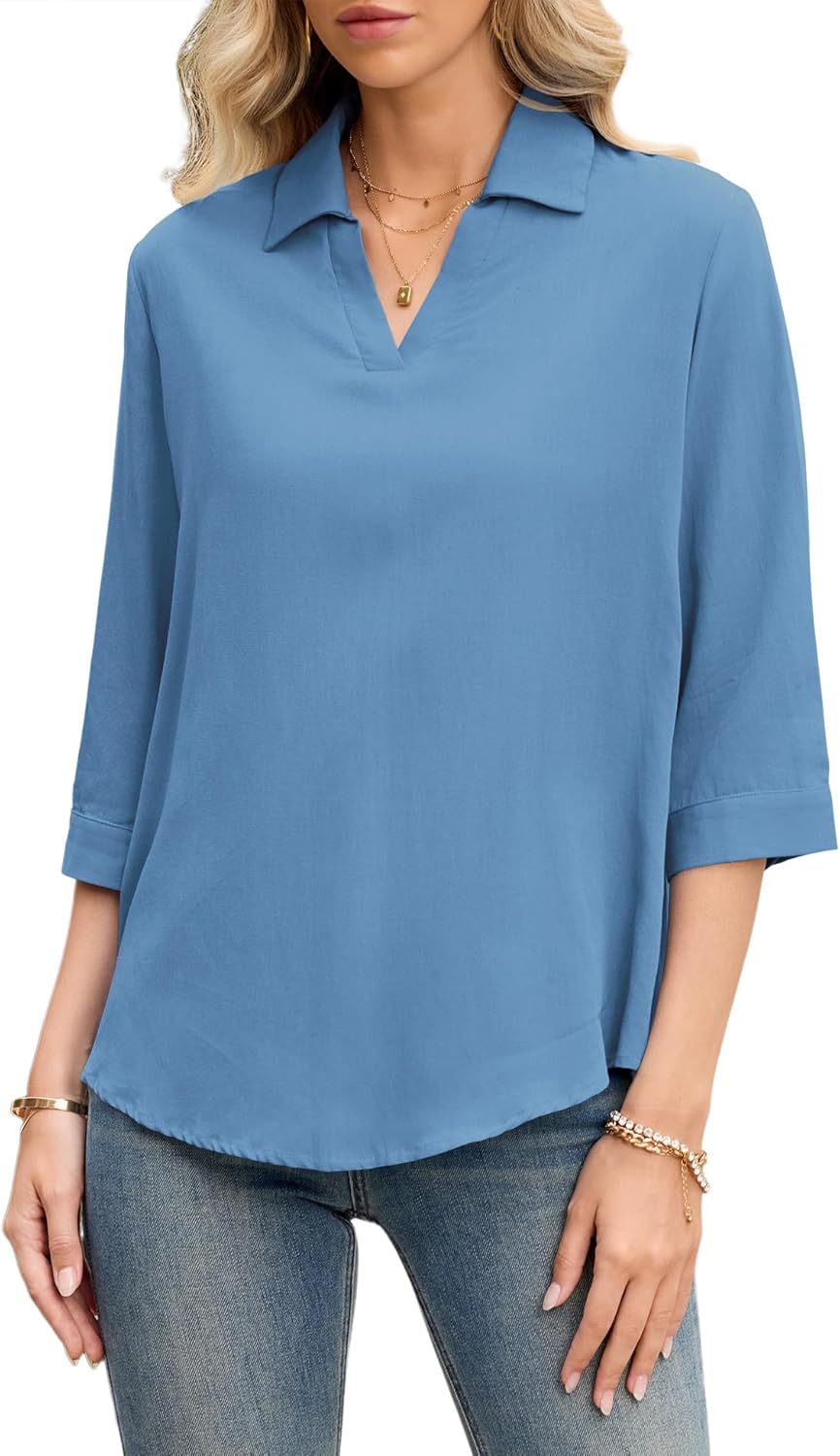 LOMON Womens 3/4 Sleeve Tops V Neck Cotton Linen Work Blouse Polo Shirts for Women Business Casual 2026 - Image 2