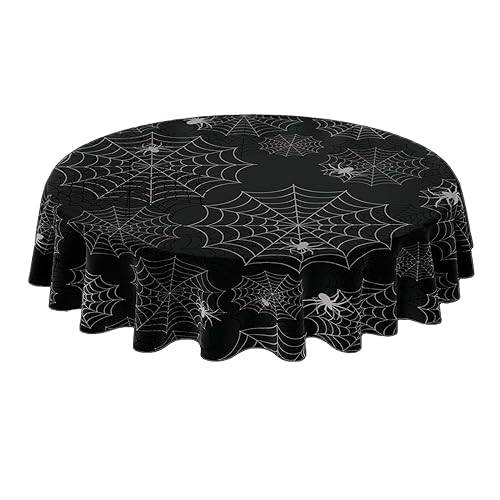 Polyester Tablecloth - Black Spider Web Pattern, Round, 55 Inch,