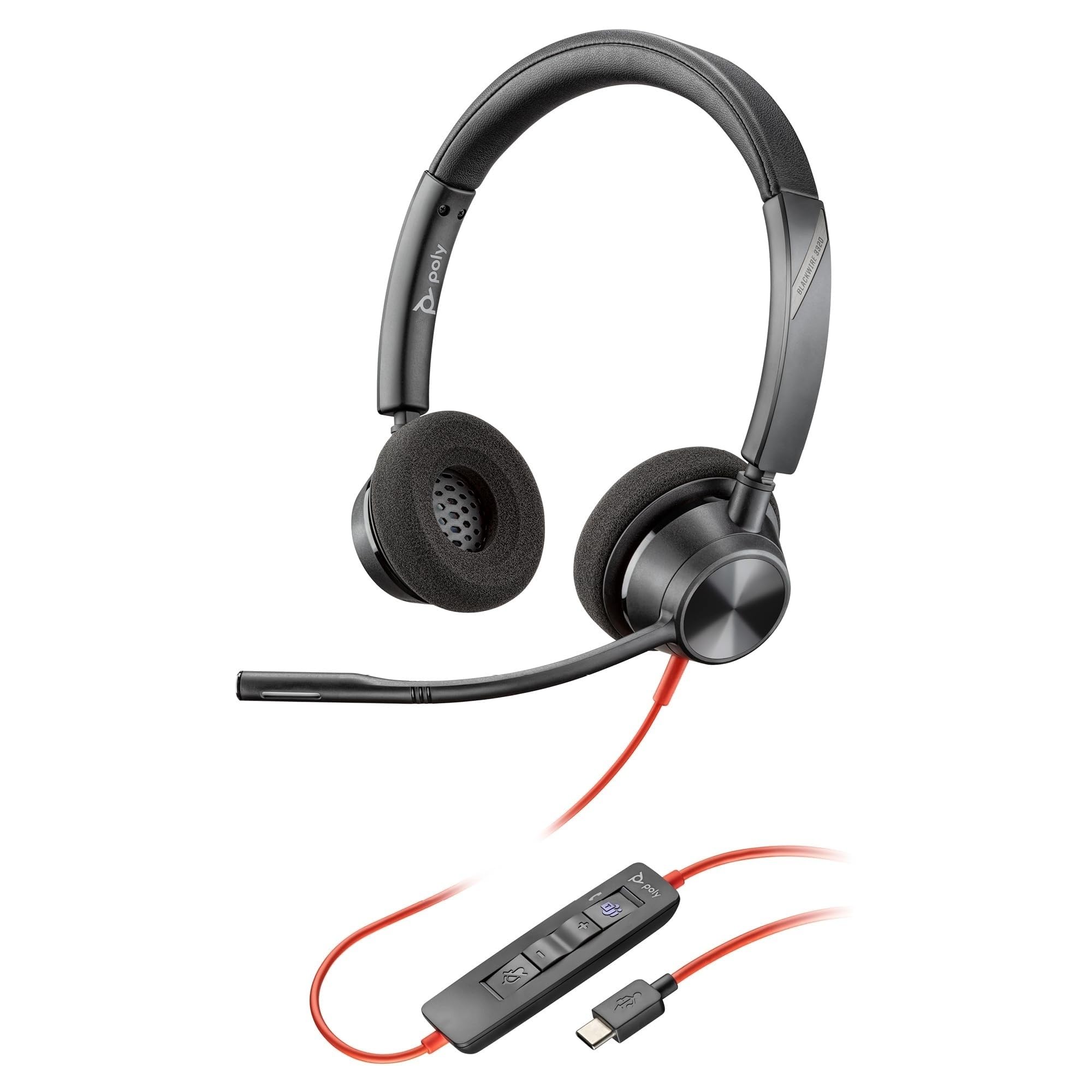 Poly Blackwire 3320, Cuffia Cablata con Connessione USB-A/C, Cuscinetti in Similpelle, Riduzione del Rumore e dell'Eco, Comandi sul Cavo, Adatta per Teams, Compatibile con Windows 10 e macOS,Nero