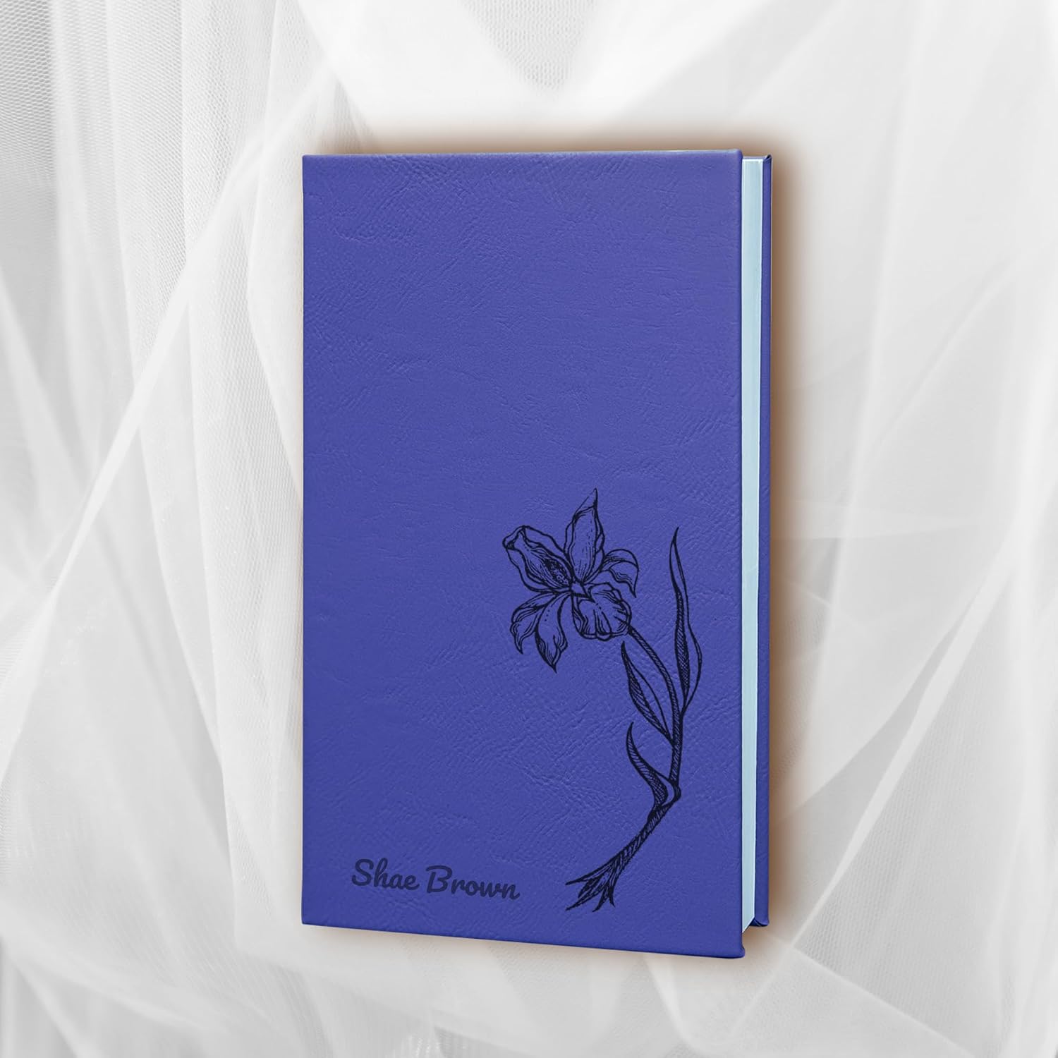 Personalized Gift Hardcover Leather Journal, Diary, Sketchbook, Notebook, custom cover original art birthflower 12 design, custom laser engraved text, 7 colors (Grey, Lined or Blank)