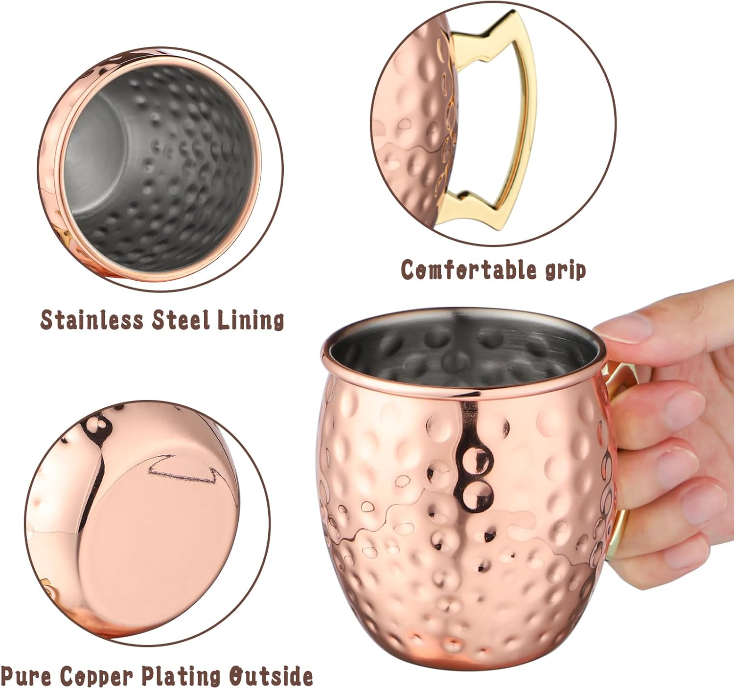 Moscow Mule Copper Mugs Set of 4, 16 oz Hammered Copper Cups Stainless Steel Lining and Gold Brass Handles for Cold Drinks, Beer, Wine, Bars, Parties